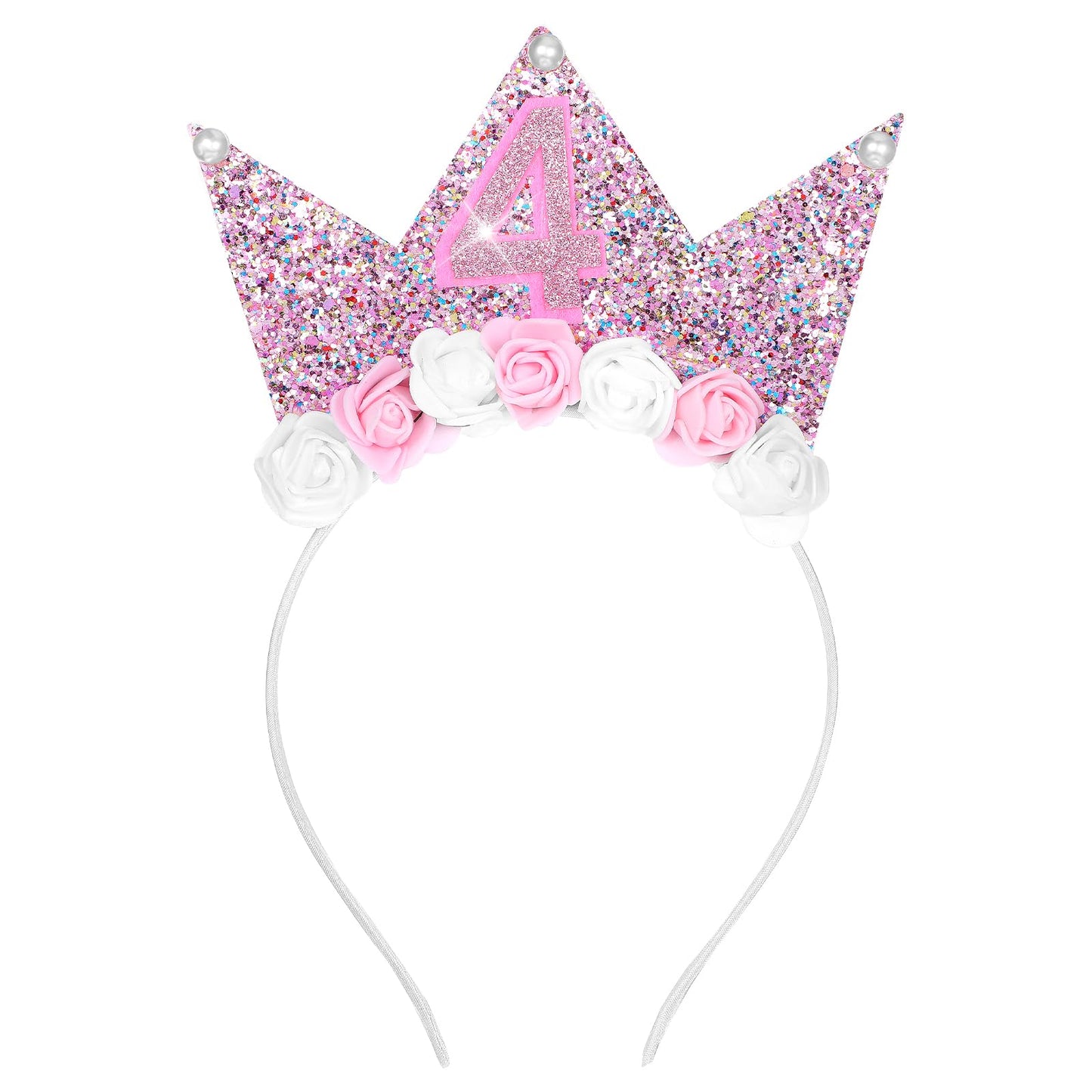 Yuanchu 4 Year Birthday Crown, Crown Birthday 4 Years Girls Happy Birthday Headband with Glitter Numbers Princess Birthday Crown Headband with Rose Flowers Party Headpiece for Baby Children (A)