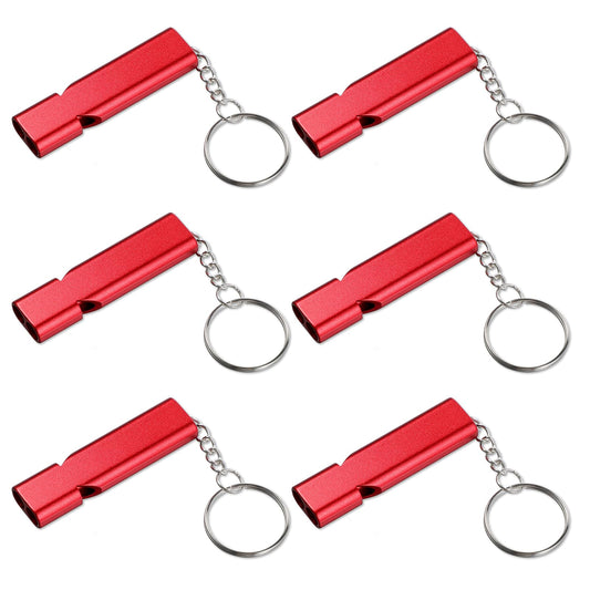 AOZUO 6PCS Emergency Whistles, Loud 120dB Double Tube Whistle Aluminum Alloy Safety Whistle Survival Whistles with Keychain for Outdoor Camping Hiking Hunting Boating Backpacking(Red)
