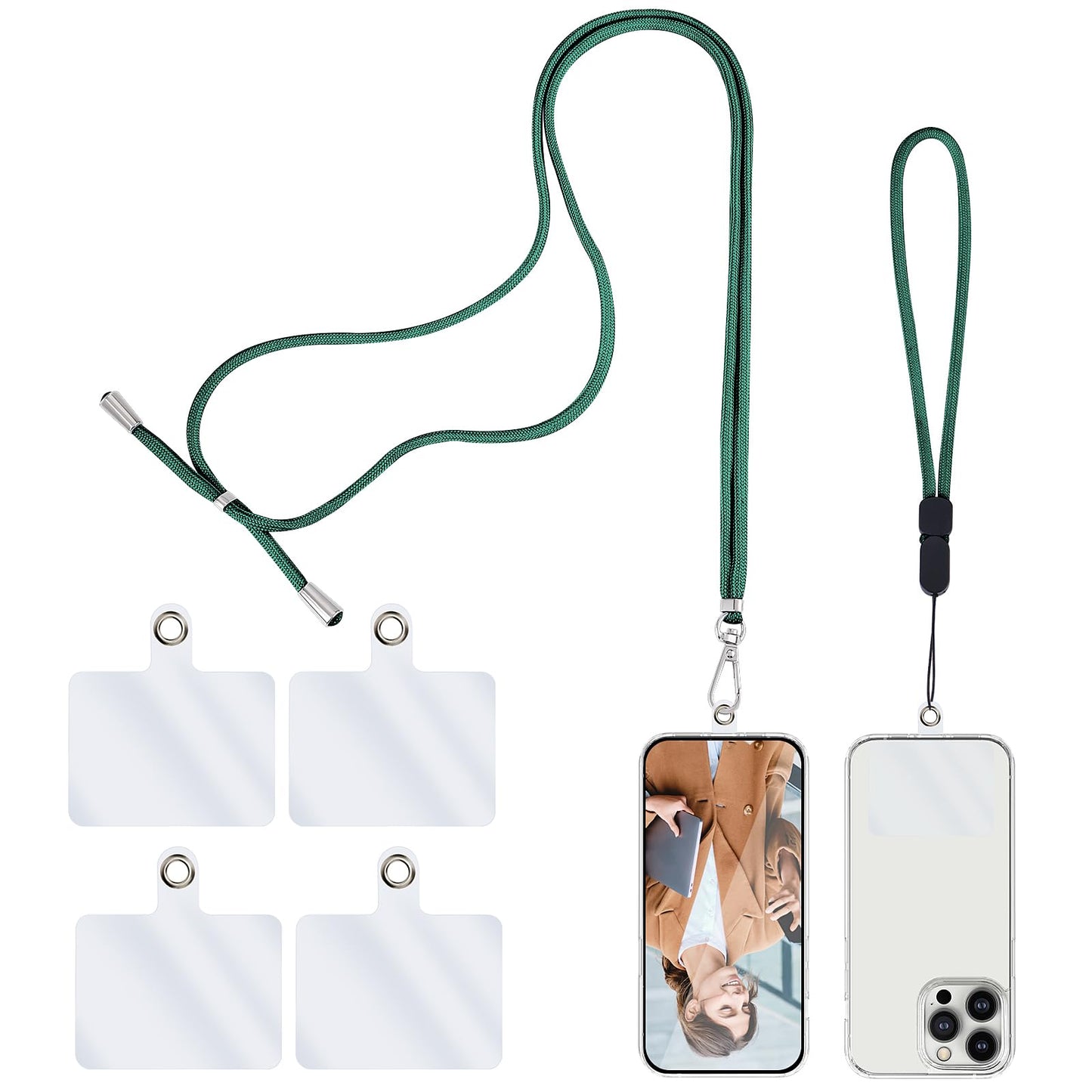 simarro Universal Cell Phone Lanyard, 2 Phone Chains with 4 Transparent Replacement Mobile Phone Straps Adjustable Nylon Neck Strap for All Smartphone Compatible with Most Phone Cases (Green)