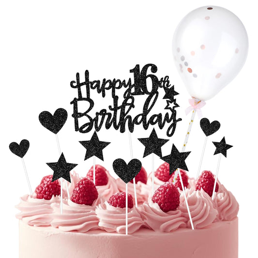 Giantree Happy 16th Birthday Cake Topper Set, Glitter Happy Sweet 16 Cake Topper with Balloon Heart Star Cupcake Picks 16th Birthday Decorations Supplies for Teens Birthday Party(Black)