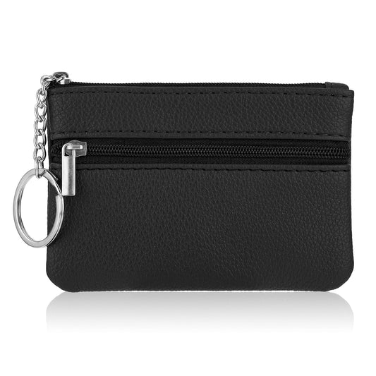 simarro Women Coin Purse, Solid PU Lychee Pattern Zip Mini Coin Purse with Key Ring Portable Change Wallet Mini Coin Pocket for Women Double Zipper Card Holder Wallet (Black)