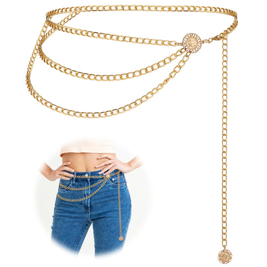JIEYAO Multilayer Metal Chain Belts, Womens Metal Belts for Dresses Adjustable Body Belly Chain Long Waist Belt for Jeans(Gold,105cm/41.3in)