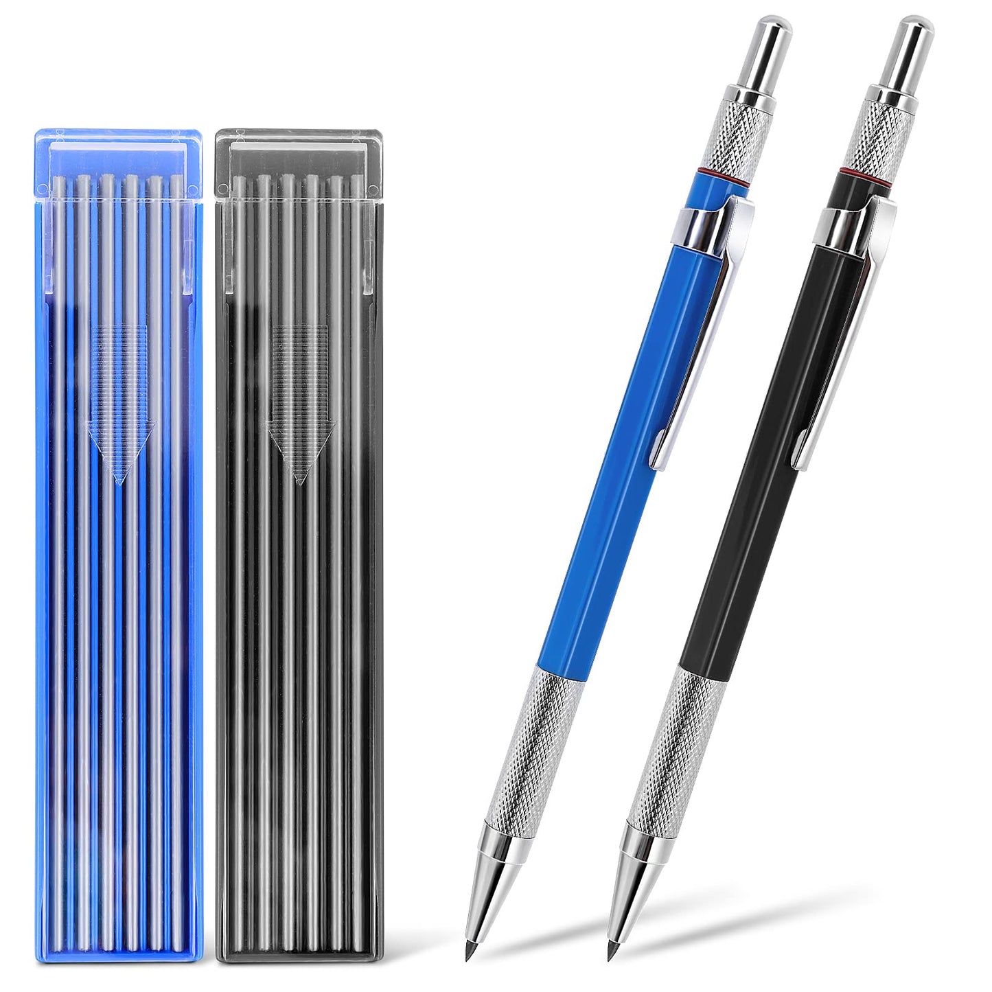 cobee 2 Pcs Streak Welder Pencil with 10 Pcs 2.0mm Pencil Refills and Build-in Sharpener, Automatic Mechanical Pencils for Writing, Art, Sketching Construction, Draft, Drawing(Black+Blue)