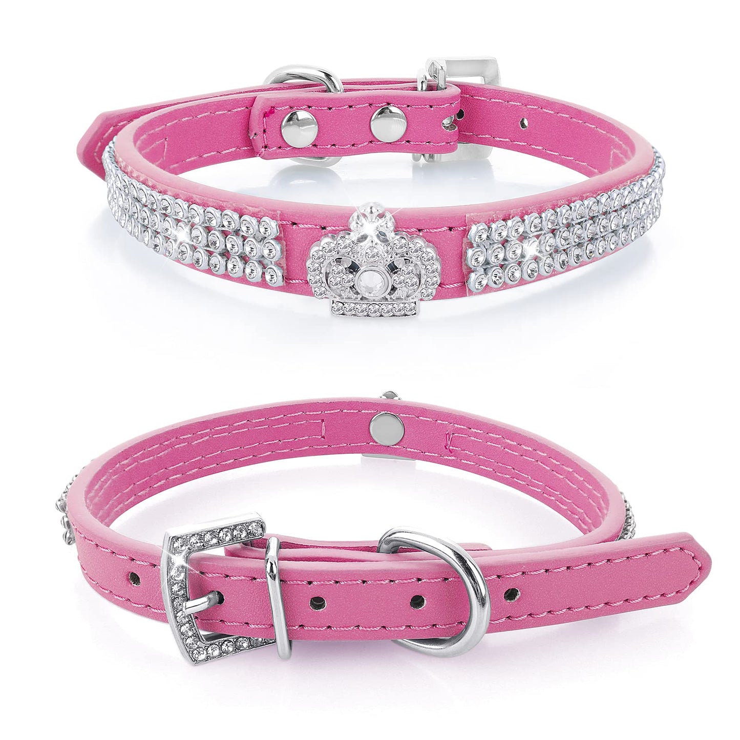 cobee Rhinestone Dog Cat Collar, Bling Adjustable Pet Collar PU Leather Puppy Collar Crystal Cat Collars for Small Dogs Cats(Rose Red)