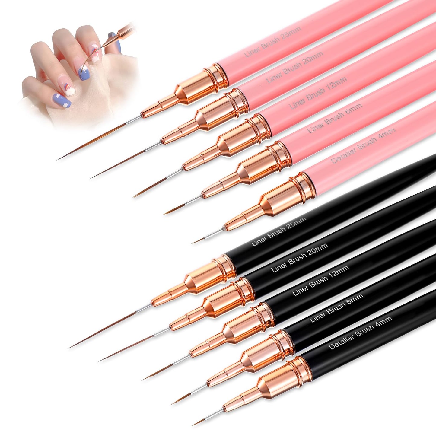 Yuanchu Thin Nail Design Brushes, Nail Art Liner Brush Set 5 Sizes 4/8/12/20/25 mm Fineliner Nail Art Brush for Gel Nails Detail Manicure Brush for Striped Lines Gel Painting Pack of 10