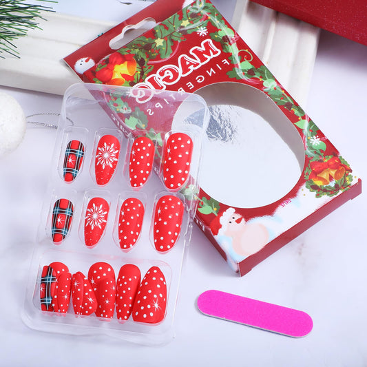 Bewudy 24 Pcs Christmas Press on Nails, Grey Snowflake French Tip Long Press on Nails, Full Cover Nail Extensions False Nail Art Tips (Red)