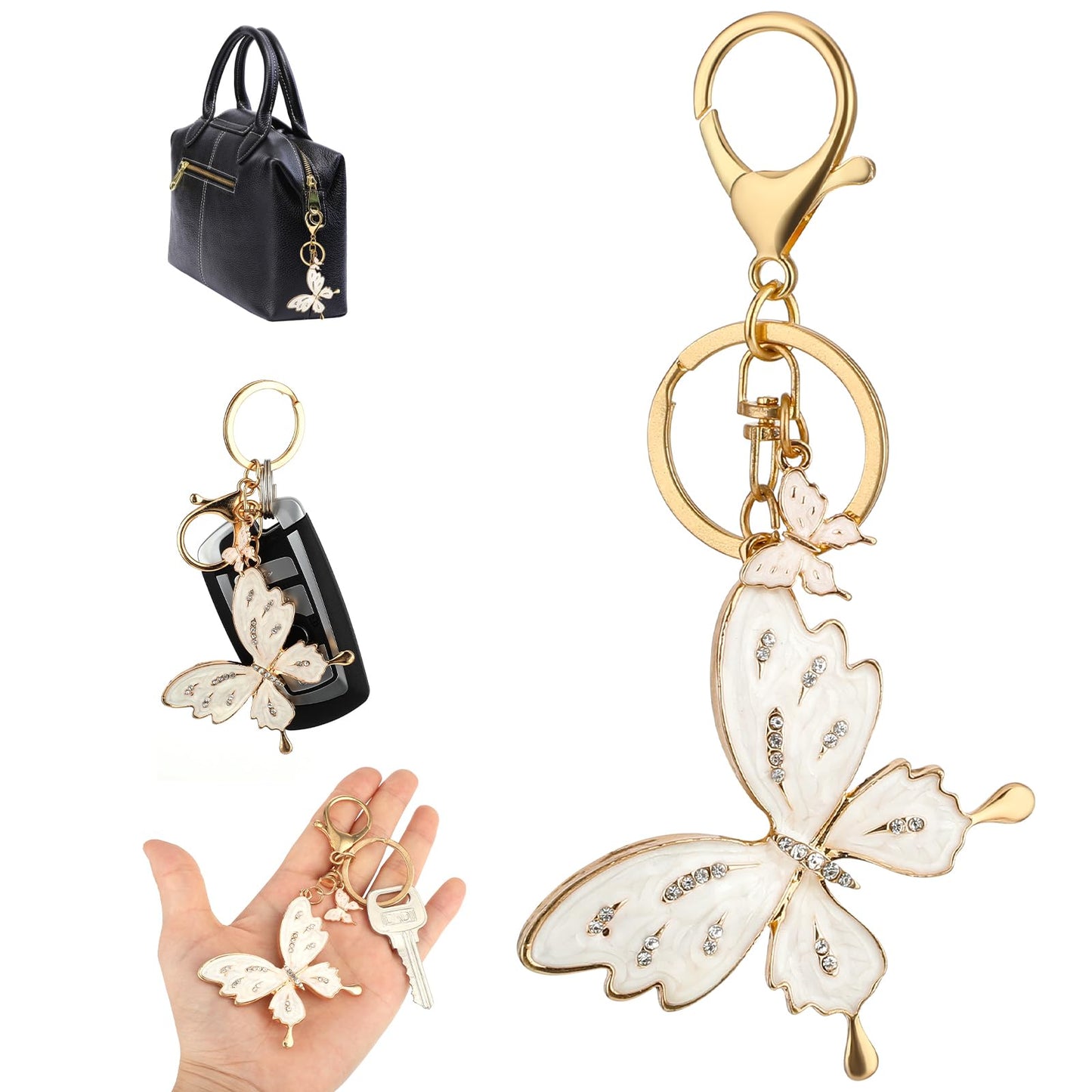 AOZUO Butterfly Key Ring for Women, Cute Shiny Rhinestone Butterfly Keyring for Women, Car Keys, Purse, Book Bag, Handbag, Charm Accessories, gold