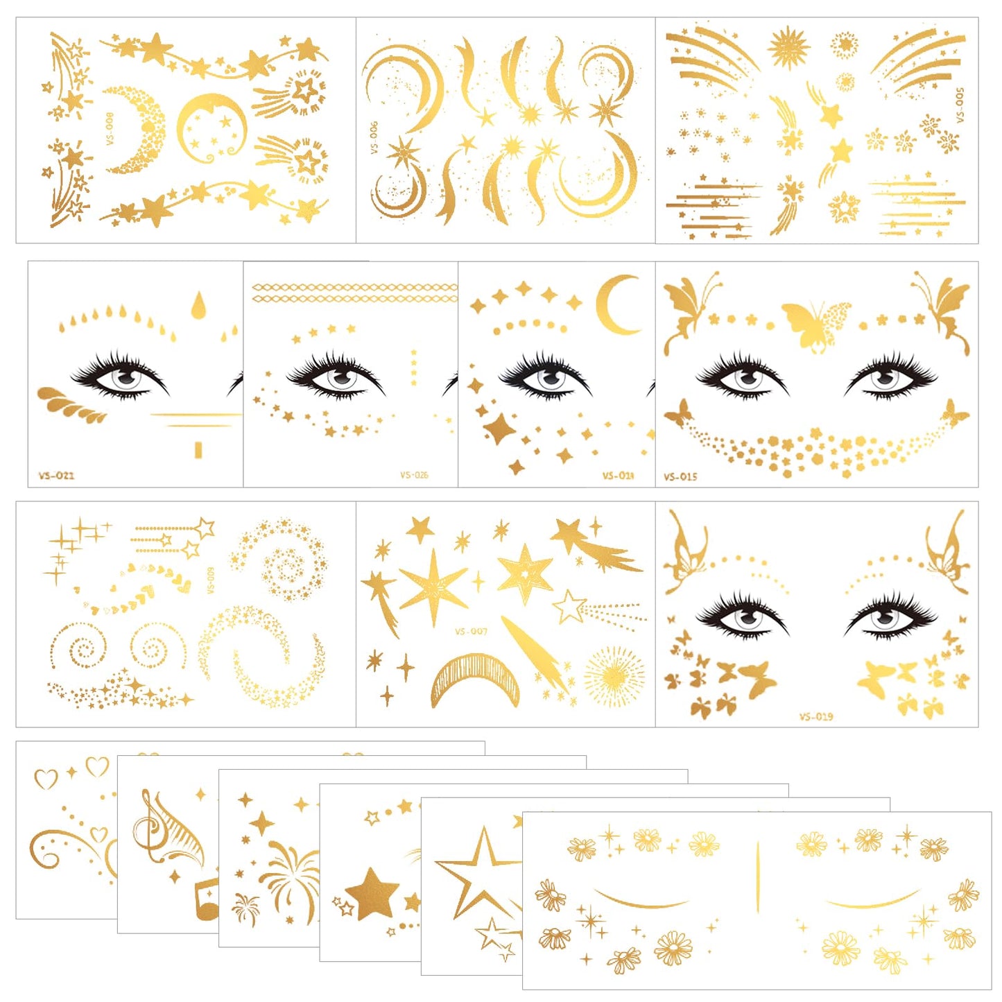 GEEHUA 16 Sheets Face Tattoos Sticker, Glitter Gold Temporary Transfer Tattoo Waterproof Tattoo Freckle Decals Art Arm Body Sticker for Women Makeup Dancer Costume Party Musical Festivals(16 sheets)