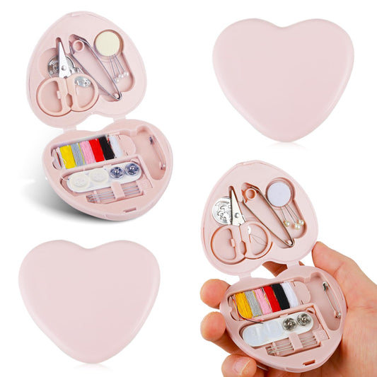Amaxiu 2 Pcs Mini Travel Sewing Kit, Portable Travel DIY Sewing Supplies with Cute Heart Shaped Organize Case Sewing Repair Kit with Sewing Needle Cotton Wire Pin Button Scissors Threader(Light Pink)
