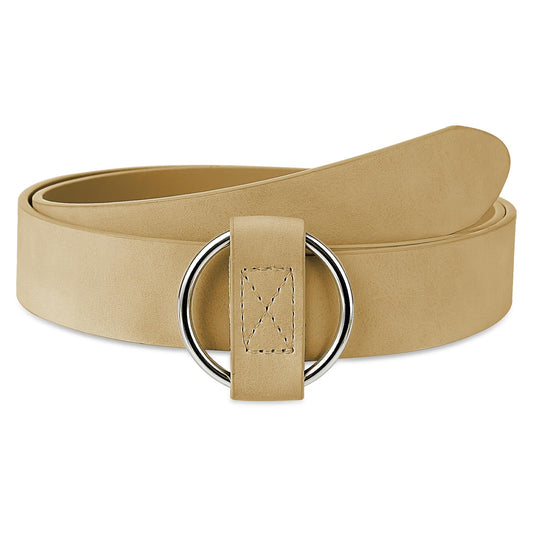Amaxiu Women Leather Belt, No Pin O Ring Buckle Belt Circle Buckle Ladies Fashion Waist Belt Women Belt for Dress Jeans (Khaki)