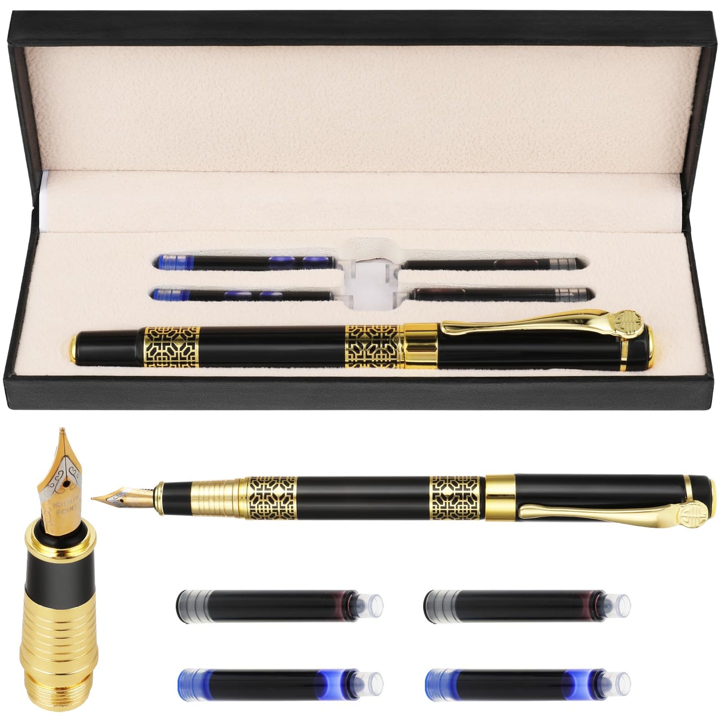 cobee Luxury Fountain Pen Set, Metal Fountain Pen Medium Point with 2 Black Ink and Blue Ink Sac Business Writing Pen Calligraphy Pen for Journaling Signature School Office Gift Supplies