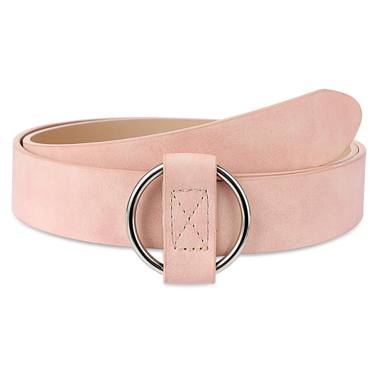 Amaxiu Women Leather Belt, No Pin O Ring Buckle Belt Circle Buckle Ladies Fashion Waist Belt Women Belt for Dress Jeans (Pink)