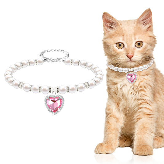 Andibro Pearl Cat Collar, Cute Rhinestone Puppy Collar Shine Small Cat Necklaces Pet Collar with Bling Accessories for Kitten Small Dogs Wedding Birthday Party(L,pink)