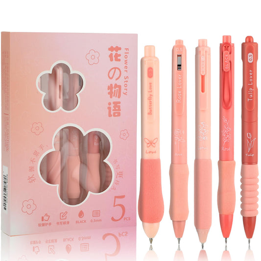 Andibro Cute Gel Pen, 5 Pcs Gel Pen with Soft Rubber Grip Retractable Pens 0.5mm Fine Point Black Ink Pens Kawaii Smooth Writing Pens for Journaling School Stationery Office Supplies (Flower)