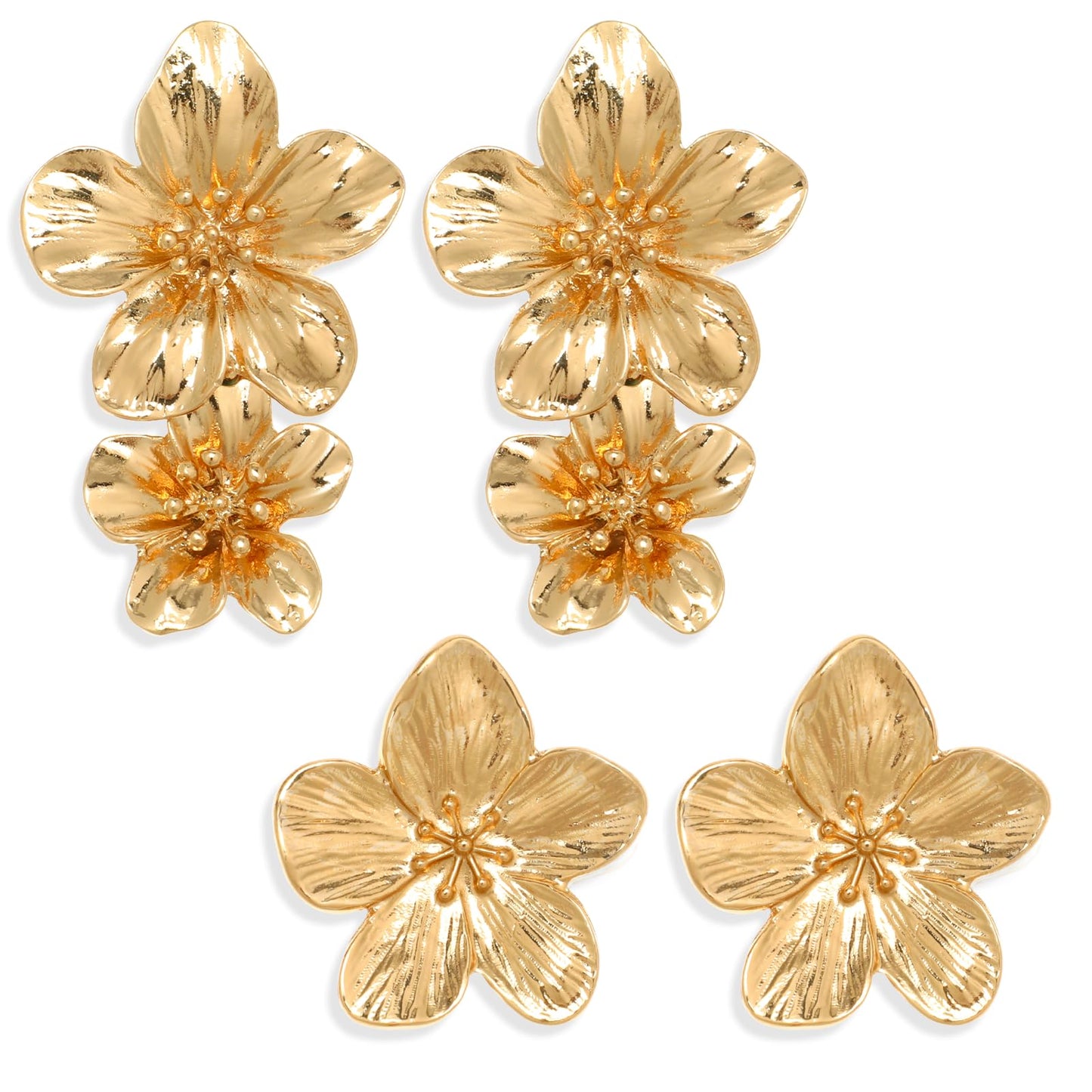 DOPENSPI Gold Flower Double Earrings,Gold Statement Earrings for Women Golden Floral Ear Ring Large Stud Earring Trendy Jewelry Birthday Gift for Girl and Women