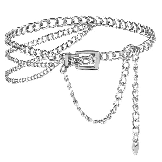 HJZHII Multilayer Metal Waist Chain, Adjustable Dress Belts Fashion Body Chain for Women Girls Dress Jeans(Silver)