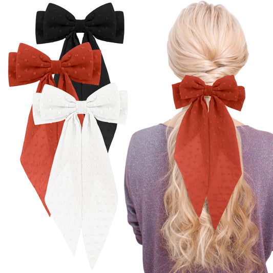 Andibro 3 Pcs Large Hair Bows,Bow Hair Clip Big Tulle Layered Hair Bow Chiffon Bowknot hairpin with Long Tail French Barrette Hair Accessories for Women Girl Wedding Vacation