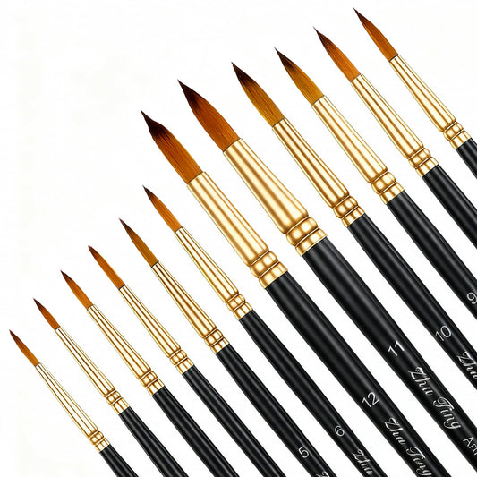JJUNW 12 Pcs Round Watercolor Brushes, Watercolor Painting Brushes, Artist Watercolor Paint Brushes Round Paint Brushes Detail Paint Brushes for Acrylics Gouache Oil (Black)