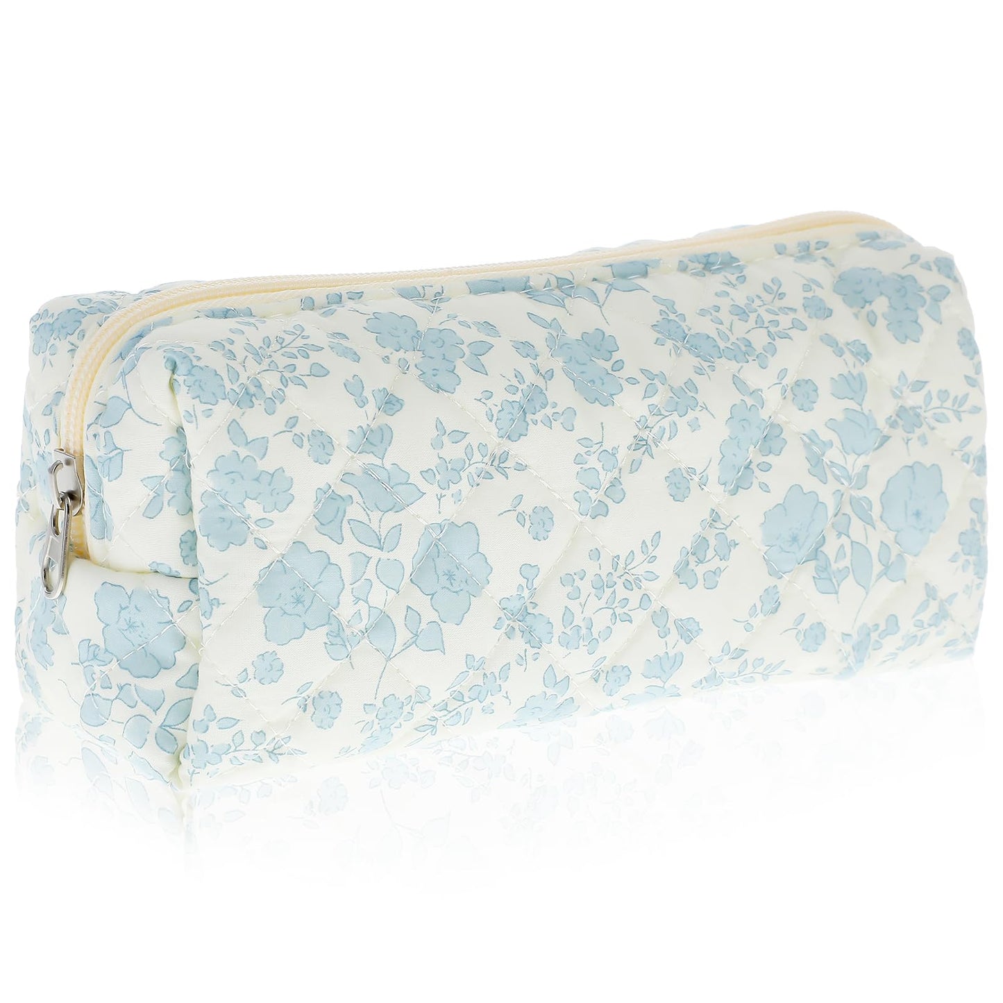 HJZHII Cute Pencil Case, Aesthetic Flowers Pencil Pouch, Portable Pen Bag Wide Opening, Soft Quilted Pencil Pouch Organizer with Zipper for Office College Storage Makeup Pouch, Blue Flowers