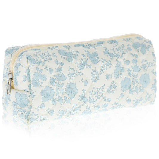 HJZHII Cute Pencil Case, Aesthetic Flowers Pencil Pouch, Portable Pen Bag Wide Opening, Soft Quilted Pencil Pouch Organizer with Zipper for Office College Storage Makeup Pouch, Blue Flowers