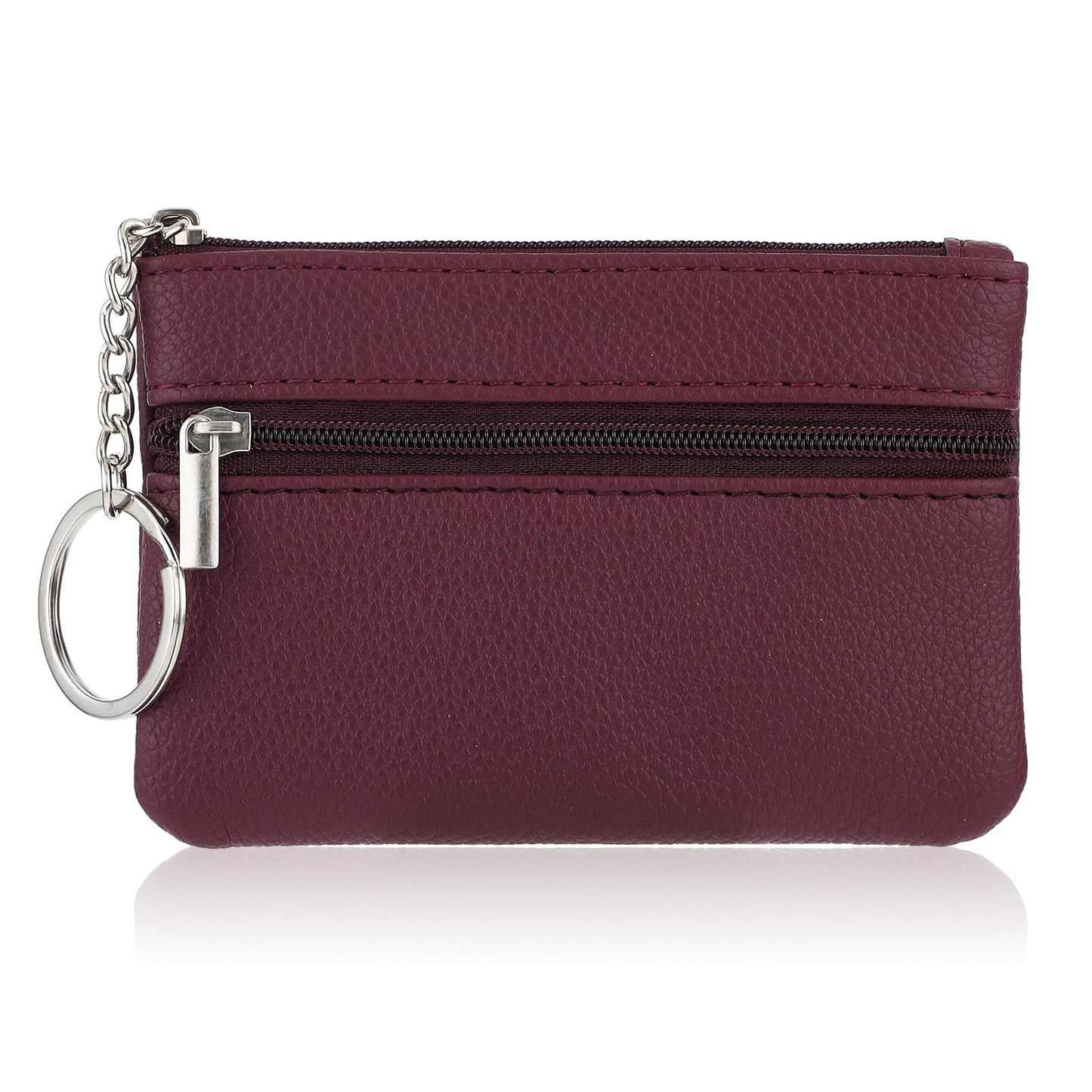 simarro Women Coin Purse, Solid PU Lychee Pattern Zip Mini Coin Purse with Key Ring Portable Change Wallet Mini Coin Pocket for Women Double Zipper Card Holder Wallet (Rumba Red)