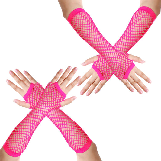 AOZUO 2 Pairs of Mesh Gloves, Wednesday Costume Gloves, 80s Mesh Arm Warmers, Long Neon Fingerless Gloves, Stretch Mesh Gloves for Women, Costume Party Theme, pink, 1