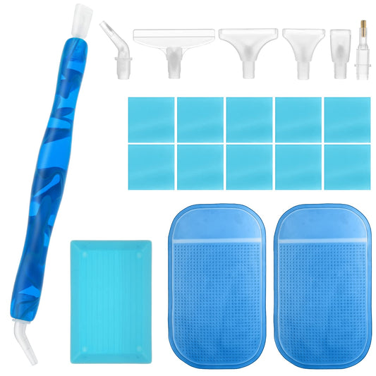 cobee 20 Pcs Diamond Paint Pen Kits, Resin Diamond Art Pens with 6 Pcs Replacement Pen Tips, Diamond Paint Glue Clays, Silicone Pads, Clay Tray Embroidery Accessory for DIY Painting Craft(Blue)