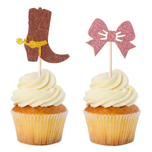 LXUEJIE Boots or Bows Cupcake Toppers, 24 PCS Glitter Boy or Girl Gender Reveal Party Decorations Pink & Brown Western Cowboy Cowgirl Decor Supplies Birthday Party Cake Decorations Supplies