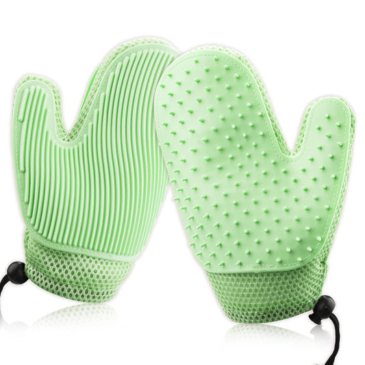 TIESOME 2 in 1 Cat Dog Grooming Gloves, Fur Remover Glove for Pet Deshedding Brush Glove Pet Hair Massage Gloves Pet Hair Remover Mitt for Clothes Couch Carpet(Green)