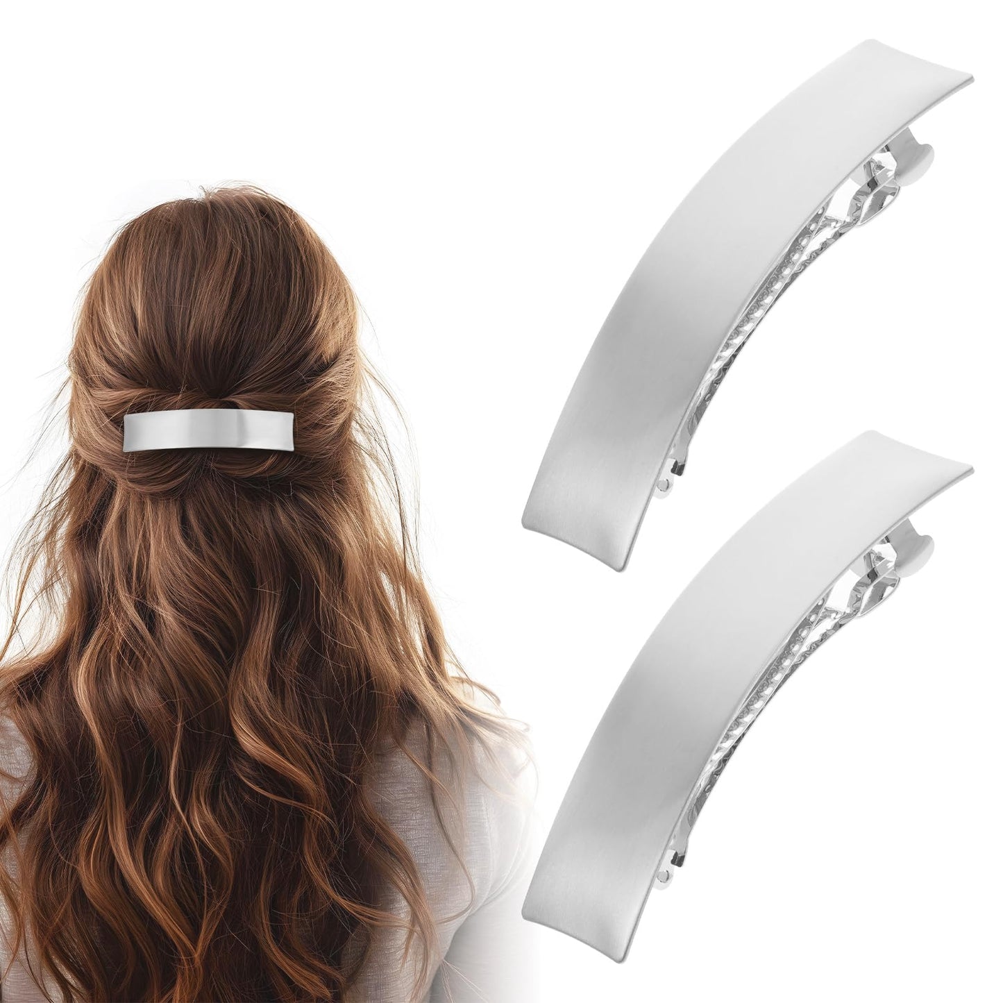 AOZUO 2Pcs French Silver Hair Clips, Metal Hair Barrettes for Women Minimalist Square Hair Pins Non-Slip Ponytail Holder Hair Clip for Thin Thick Fine Hair Wedding Accessories for Women Girls (Silver)