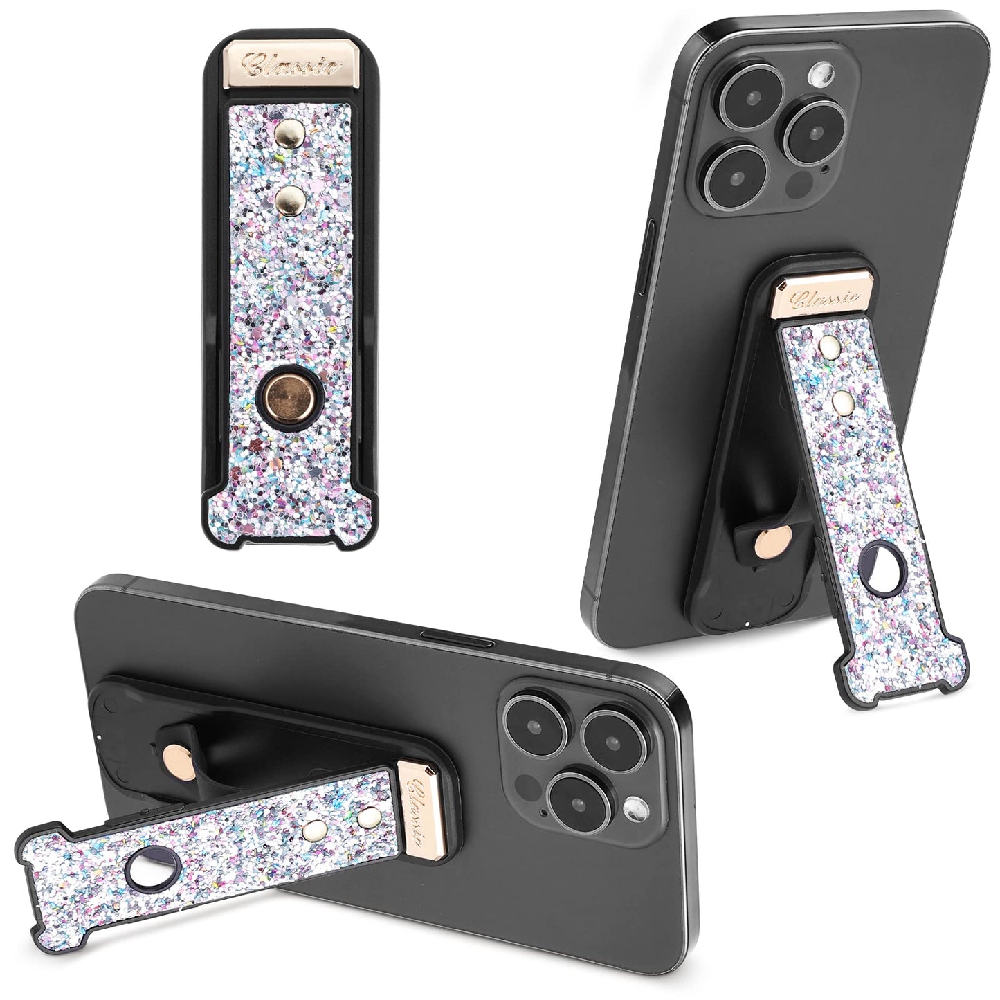 Bewudy Phone Finger Strap Grip, 2 Pcs Silicone Cell Phone Finger Strap Stand, Folding Back of Phone Grip with Stand, Compatible with Most of Phones Tablet Case (Silver)