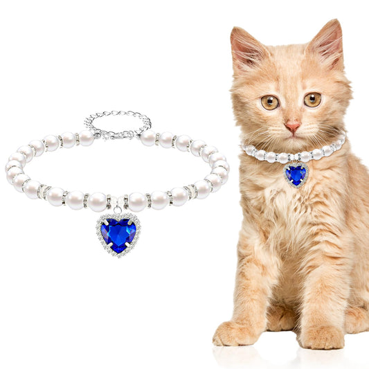 Andibro Pearl Cat Collar, Cute Rhinestone Puppy Collar Shine Small Cat Necklaces Pet Collar with Bling Accessories for Kitten Small Dogs Wedding Birthday Party(L,blue)