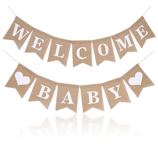 MBAIYO Welcome Home Baby, Vintage Linen Welcome Home Baby Banner, Rustic Letters Bunting Hessian Garland for Home Party Reception Baby Shower Bunting