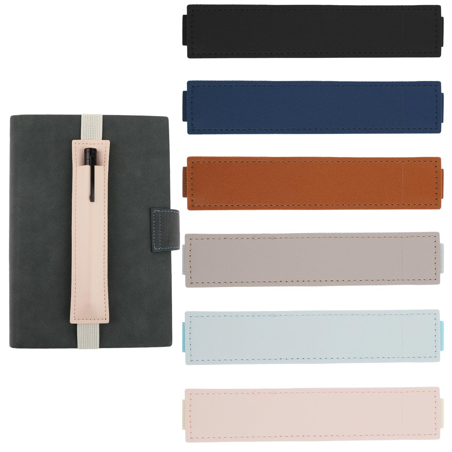 simarro 6pcs Adjustable Elastic Band Pen Holder, Detachable PU Leather Pen Sleeve Pouch Journal Pencil Holder for Notebook, Planners, Binders and Books (6 Colors) (Single pen case)