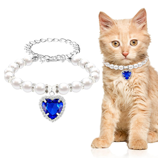 Andibro Pearl Cat Collar, Cute Rhinestone Puppy Collar Shine Small Cat Necklaces Pet Collar with Bling Accessories for Kitten Small Dogs Wedding Birthday Party(S,blue)