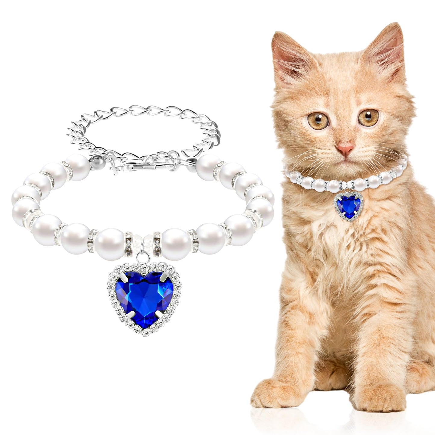 Andibro Pearl Cat Collar, Cute Rhinestone Puppy Collar Shine Small Cat Necklaces Pet Collar with Bling Accessories for Kitten Small Dogs Wedding Birthday Party(S,blue)
