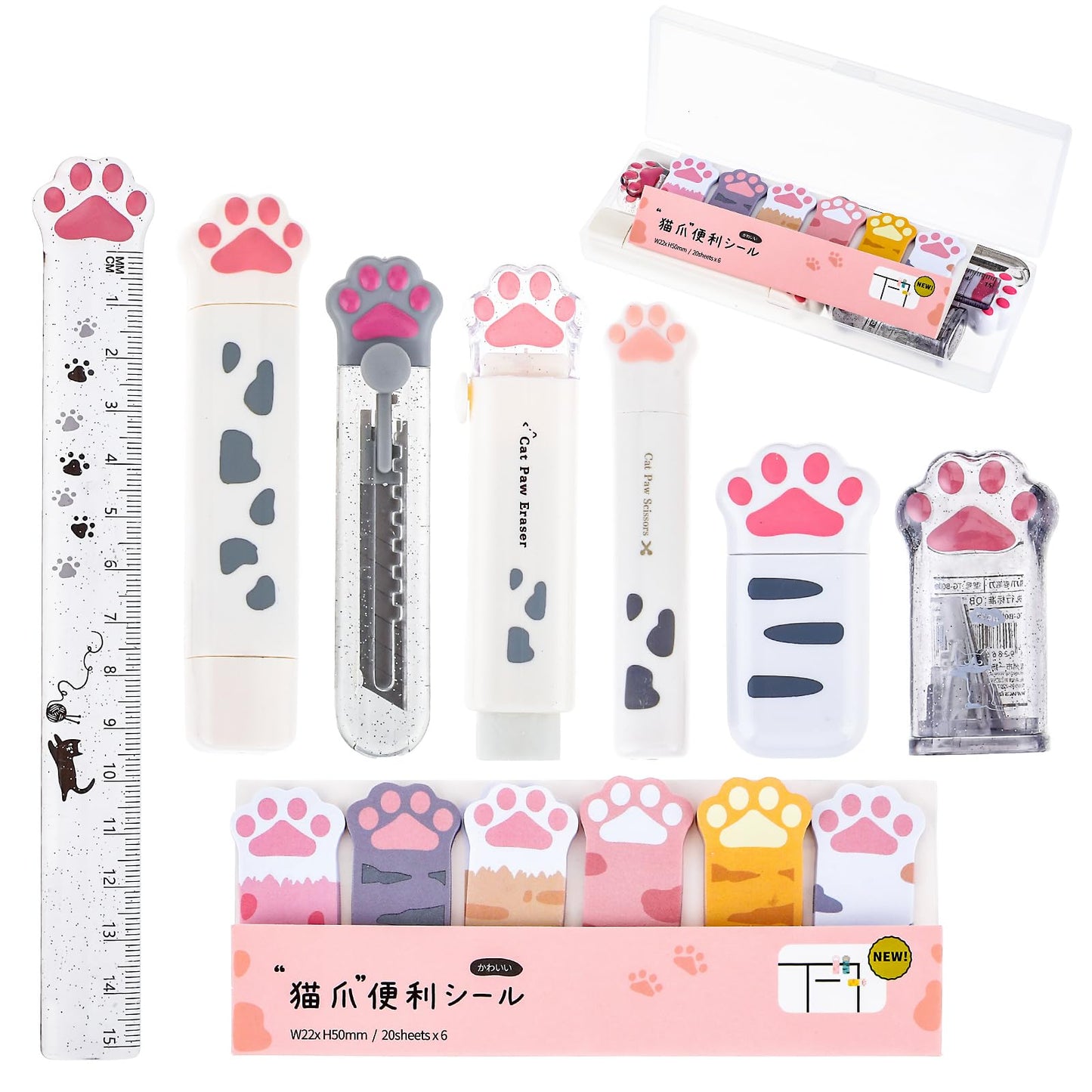 TIESOME 9 Pcs Cute Cat Paw Stationery Set, Cartoon Kawaii Pencil Sharpener Retractable Eraser Correction Tape Sticky Notes Ruler Mini Scissors Utility Cutter School Supplies for Cat Lovers(white)