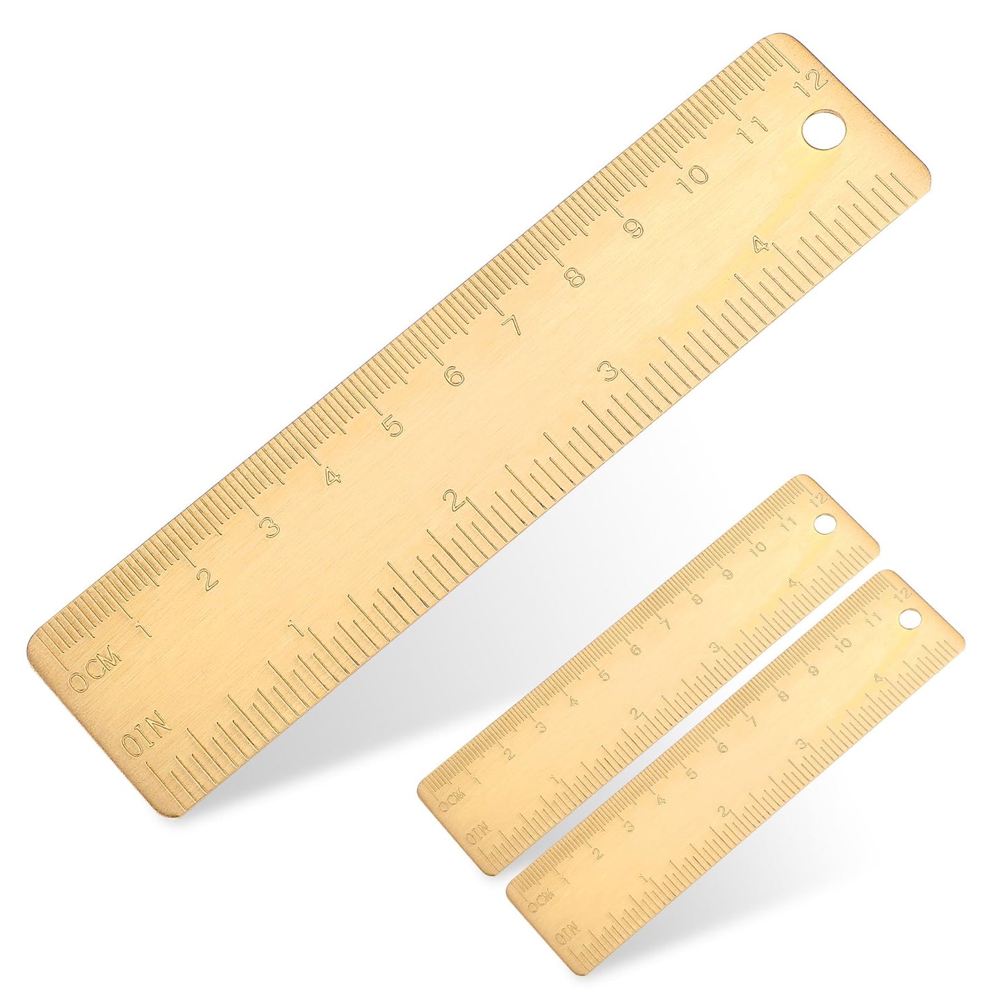 DOPENSPI 3 Pcs Small Brass Rulers, 13cm/5 Inch Metal Ruler Set with Hang Hole Mini Straight Edge Ruler Dual Scale Metric Imperial Measuring Tool for Office Drawing