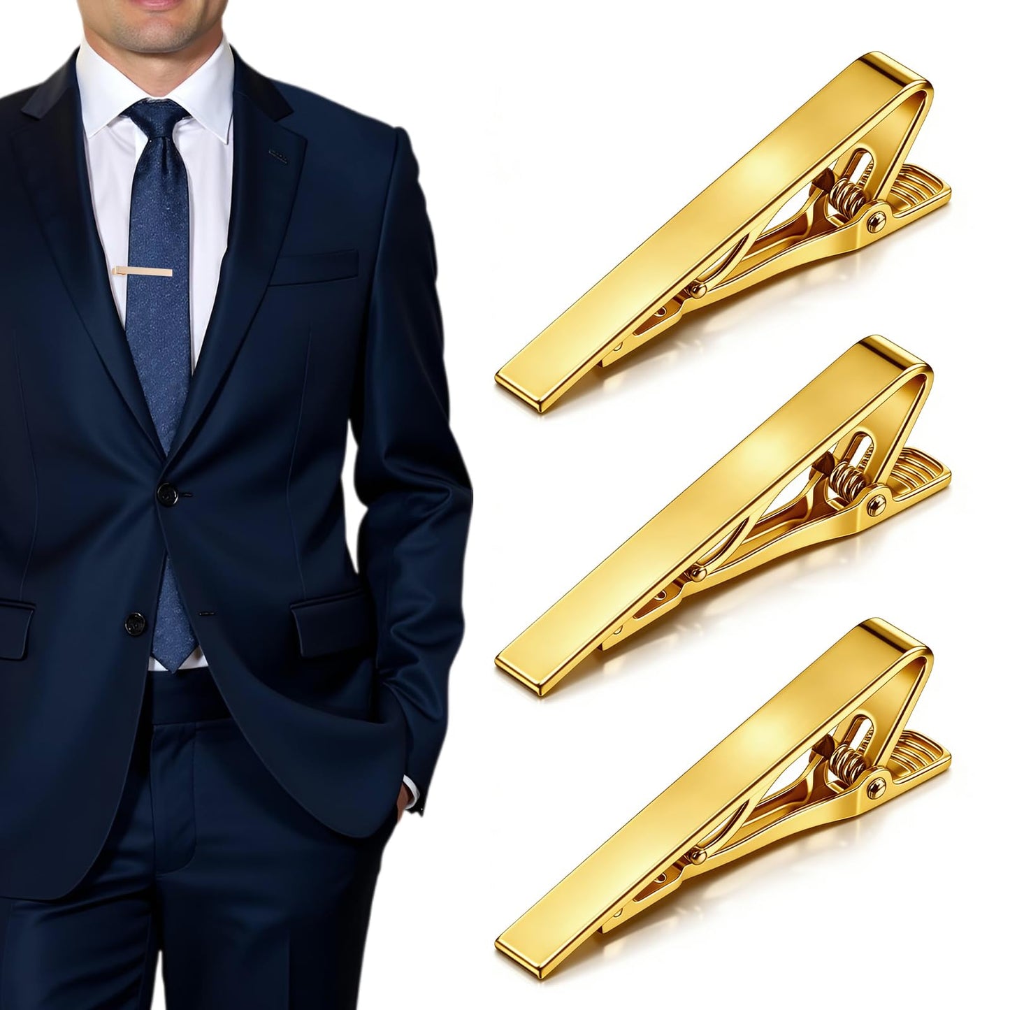 TIESOME 3 Pack Tie Clips for Men, Necktie Tie Bar Pinch Clips for Men Accessories Tie Pins Ideal for Wedding Anniversary Party Business Father's Day Gifts(Gold)
