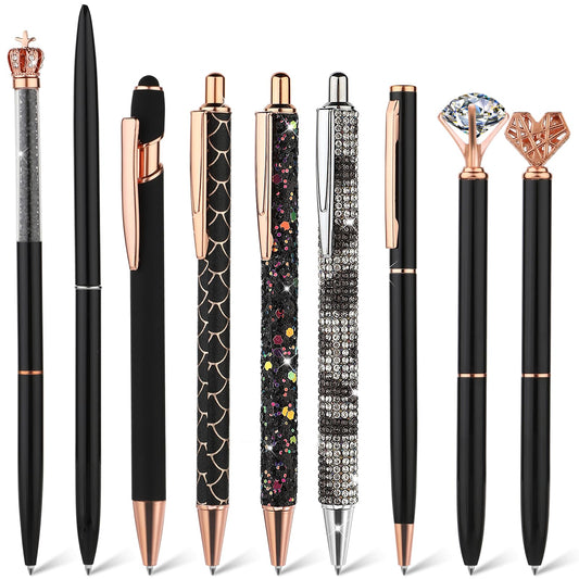 Jeffdad 9 Pcs Diamond Pens for Women, Fancy Crystal Cute Ballpoint Pen Set, 1mm Black Ink Refills Journaling Pens, Inspirational Gifts for Women Girls