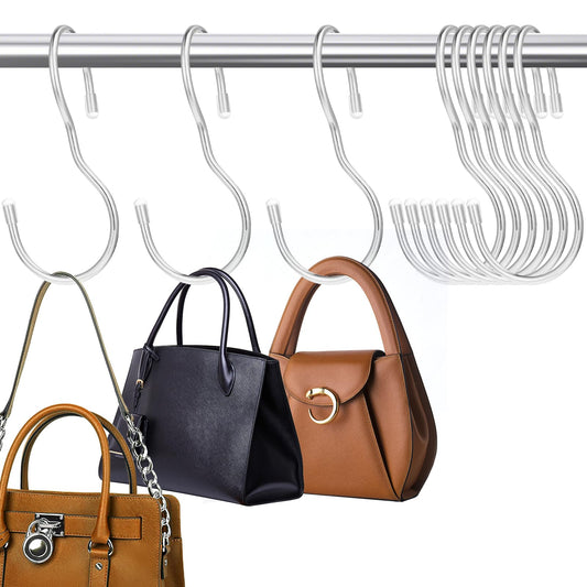 Bewudy 12 Pack Stainless Steel Purse Hooks for Closet, Heavy Duty S Hooks for Hanging Purses, Handbags, Bags, Belts, Scarves, Hats, Clothes, Pans and Pots, Silver
