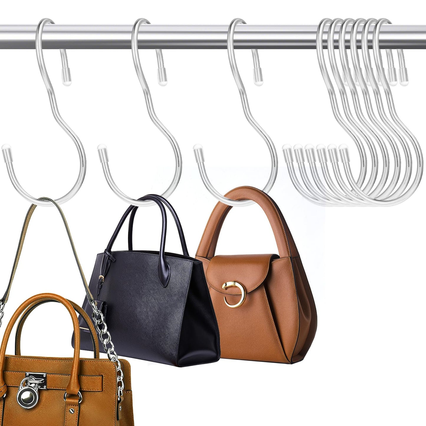 Bewudy 12 Pack Stainless Steel Purse Hooks for Closet, Heavy Duty S Hooks for Hanging Purses, Handbags, Bags, Belts, Scarves, Hats, Clothes, Pans and Pots, Silver