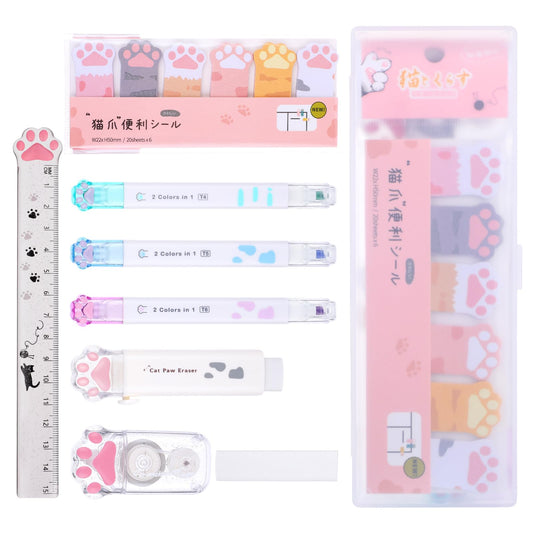 Andibro 9Pcs Cute Cat Paw Stationery Set, Kawaii Gifts for Kids Cat Lovers Double-Ended Highlighter Retractable Eraser Correction Tape Sticky Notes Ruler Eraser Replacement Core School Supplies(White)