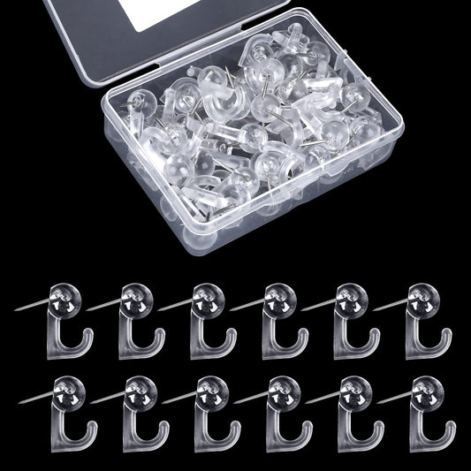 Molain 50 Pcs Clear Push Pin Hooks, Plastic Heads Pin Tacks Hooks, Thumbtacks with Hooks, Bulletin Board Hooks, Push Pins for Wall Hanging,Cork Board,Map,Photos,Calendar, Home Office School Supplies