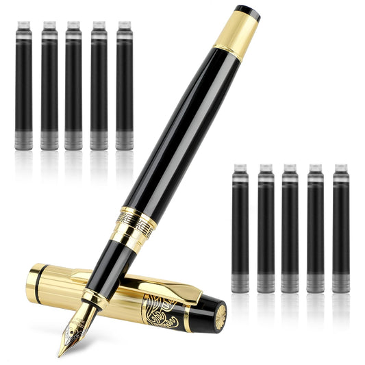Andibro Metal Fountain Pens - 10 Black Ink Cartridges, 0.5mm Fine Point Luxury Stainless Steel Calligraphy Pens for Office & School (Black)