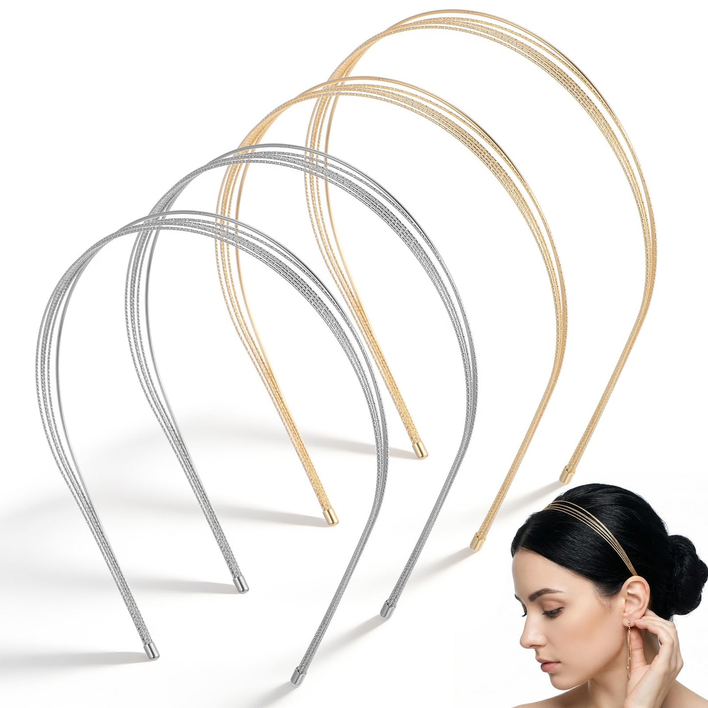 WJIAAA 4 Pieces Hair Bands for Women Multilayer Metal Thin Breathable Lightweight Headbands for Daily Party Office (Gold Silver)