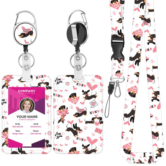 Amabro Cute Lanyard with ID Badge Holder, Dachshund Retractable Badge Reels with Clip Adjustable Breakaway Neck Lanyard Keychain Name Card Tag Protector for Teacher Nurse Staff Office Doctor