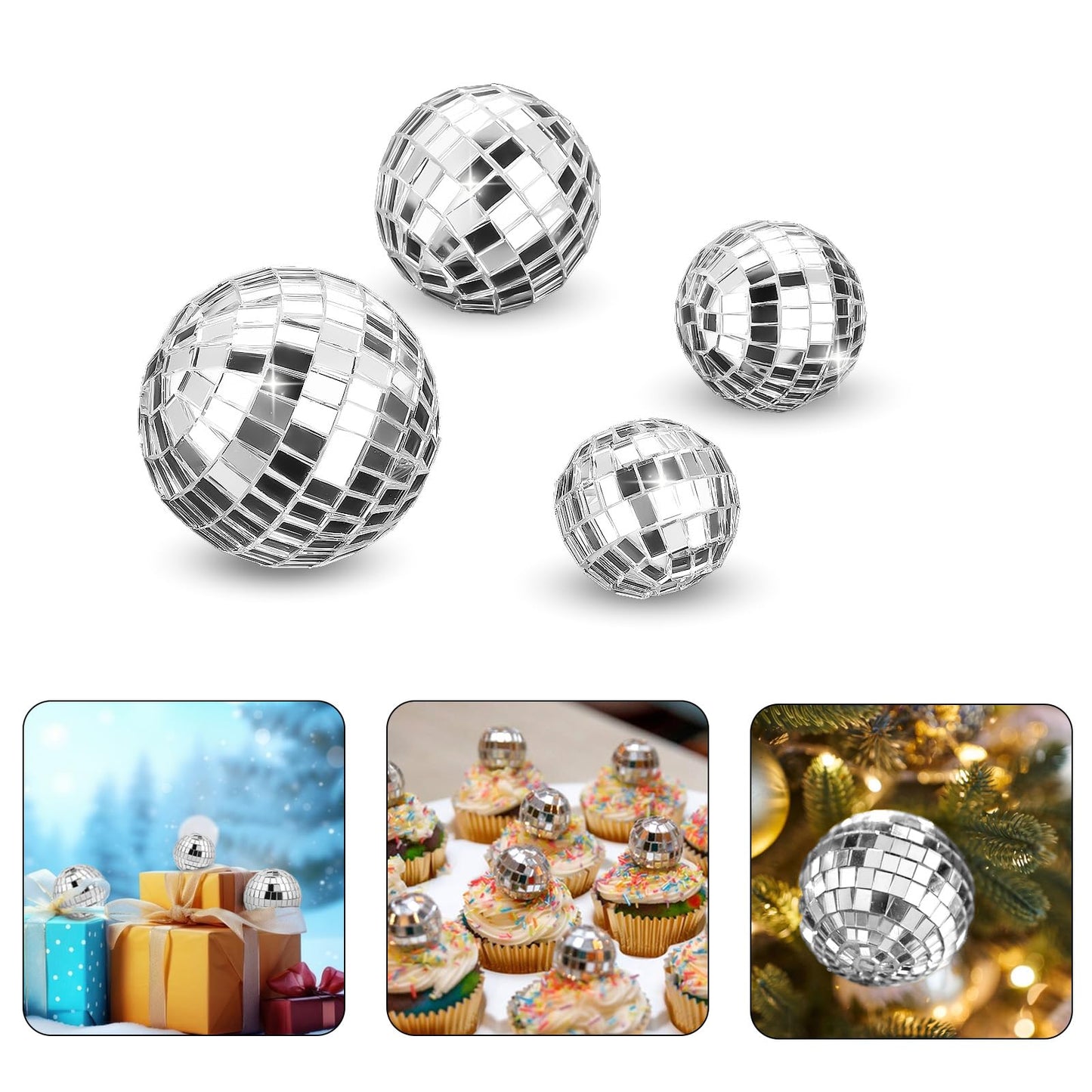 Molain 4Pcs Disco Ball Cake Topper, Disco Ball Cake Decorations Different Sizes, 70s Disco Themed Dance Party Supplies, Small Disco Balls for Cake Dessert Accessories Disco Party Ornament