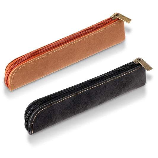 Amaxiu Slim PU Leather Pen Pencil Pouch, 2 Pcs Handcrafted Small Fountain Pen Holder Luxury Pen Case Thin Zipper Stationery Bag Vintage Pencil Organizer (Black+Brown)