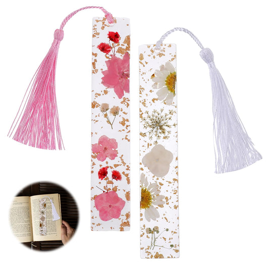 Andibro Press Embossed Flower Book Mark, 2 Pcs Handmade Dried Flower Bookmarks with Colorful Silky Tassels Transparent Resin Page Marker Durable Book Accessories for Women Girls Student School Season